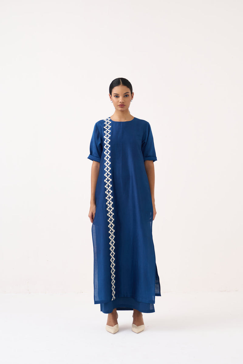 Emb. Double Layer Dress-Cobalt Blue chanderi, mul dress by THREE in blue for women in Singapore