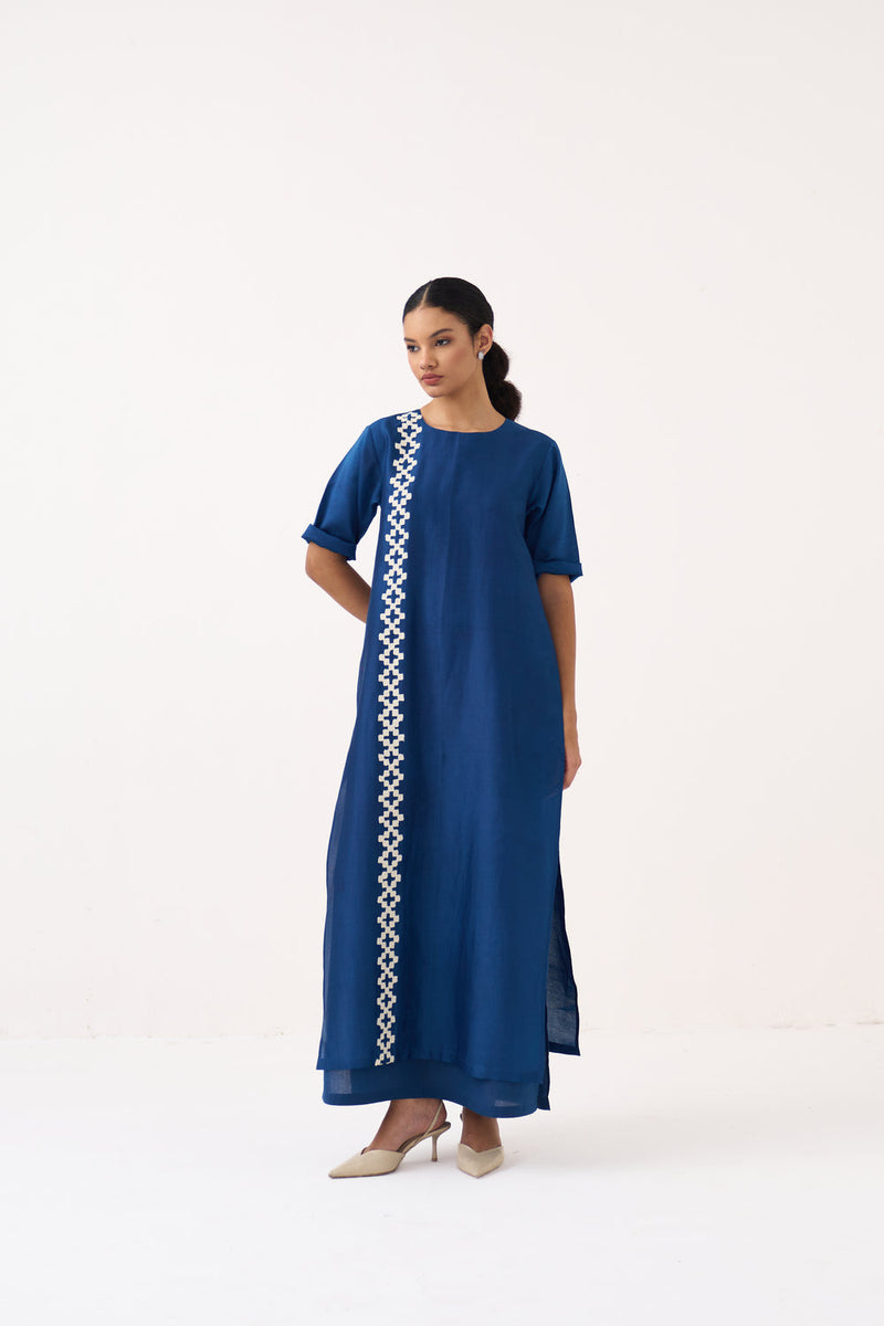 Emb. Double Layer Dress-Cobalt Blue chanderi, mul dress by THREE in blue for women in Singapore