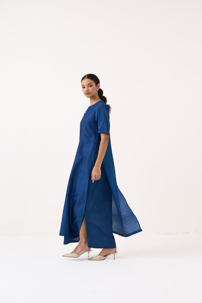 Emb. Double Layer Dress-Cobalt Blue chanderi, mul dress by THREE in blue for women in Singapore