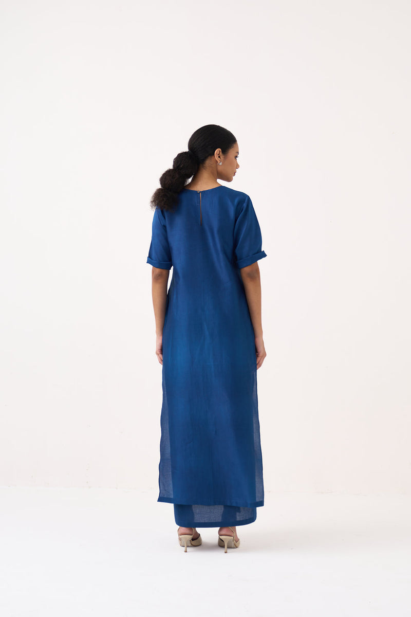 Emb. Double Layer Dress-Cobalt Blue chanderi, mul dress by THREE in blue for women in Singapore