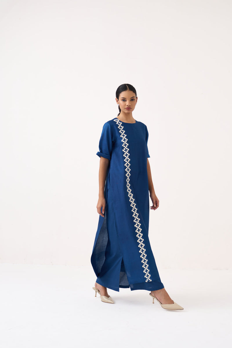 Emb. Double Layer Dress-Cobalt Blue chanderi, mul dress by THREE in blue for women in Singapore