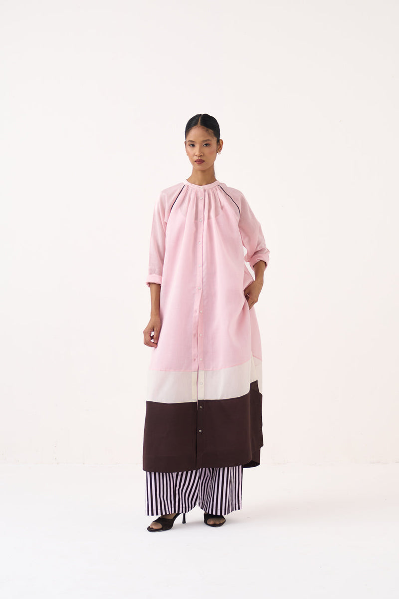 Panel Gather Neck Shirt Co-Ord-Cocoa Brown & Petal Pink chanderi  co-ord set by THREE in pink for women in Singapore