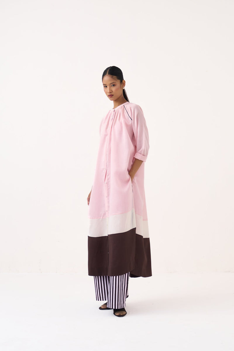 Panel Gather Neck Shirt Co-Ord-Cocoa Brown & Petal Pink chanderi  co-ord set by THREE in pink for women in Singapore