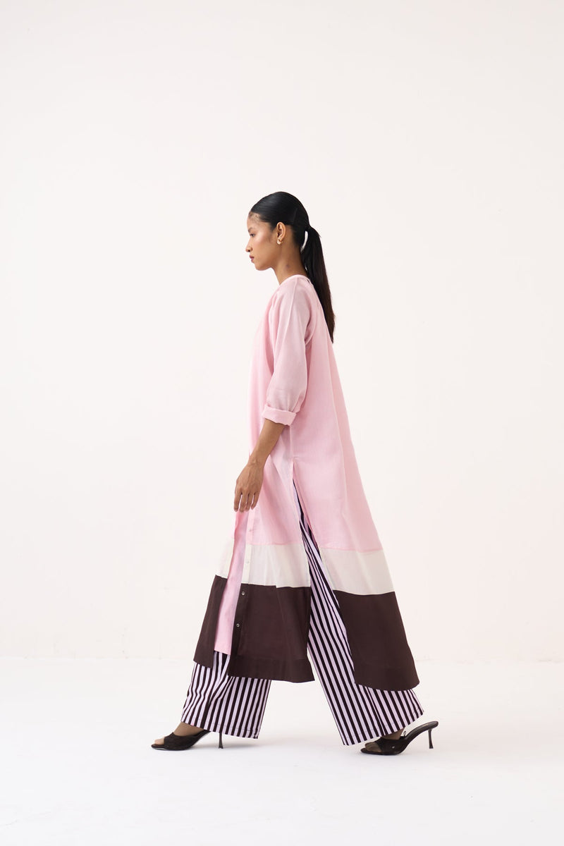 Panel Gather Neck Shirt Co-Ord-Cocoa Brown & Petal Pink chanderi  co-ord set by THREE in pink for women in Singapore