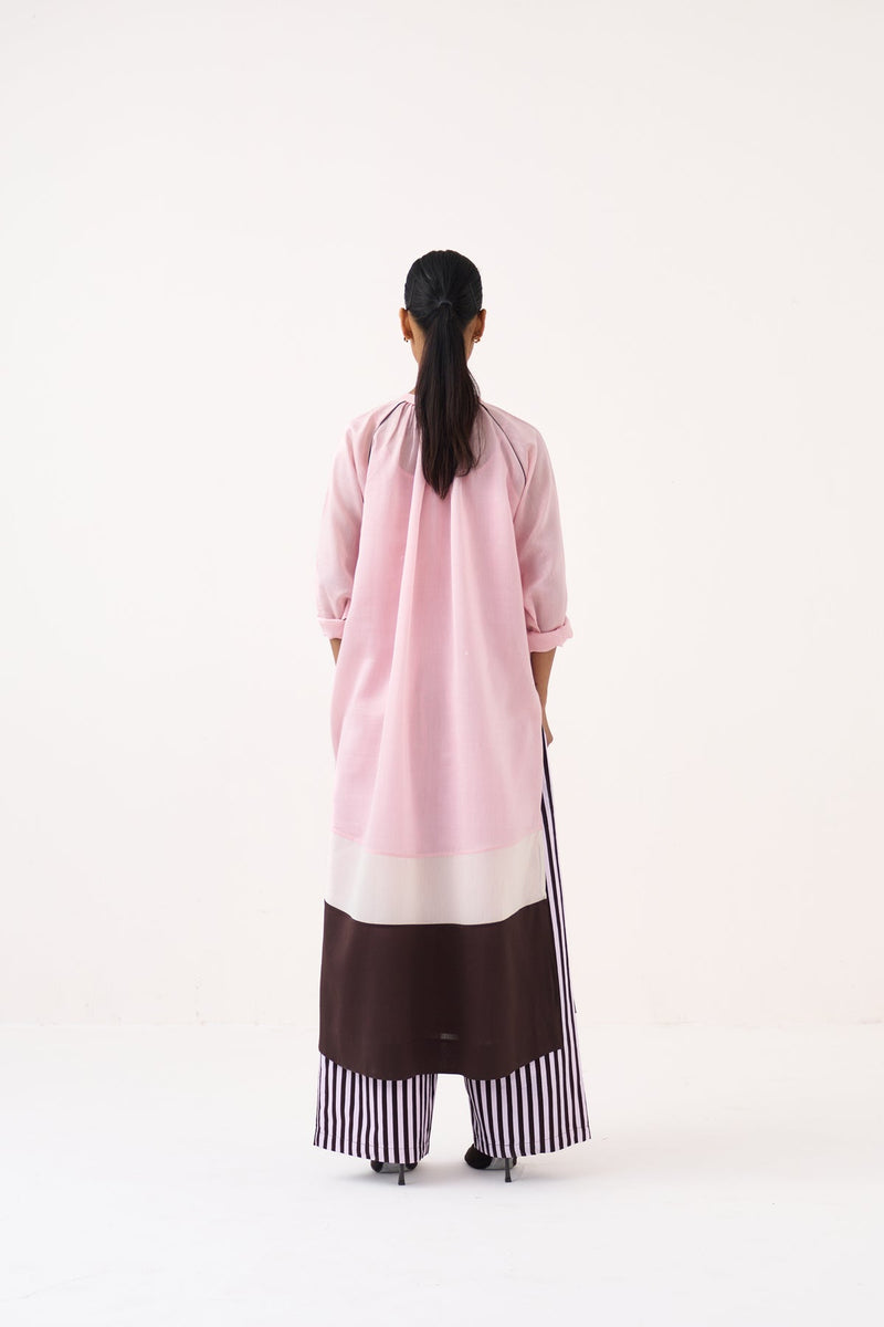 Panel Gather Neck Shirt Co-Ord-Cocoa Brown & Petal Pink chanderi  co-ord set by THREE in pink for women in Singapore