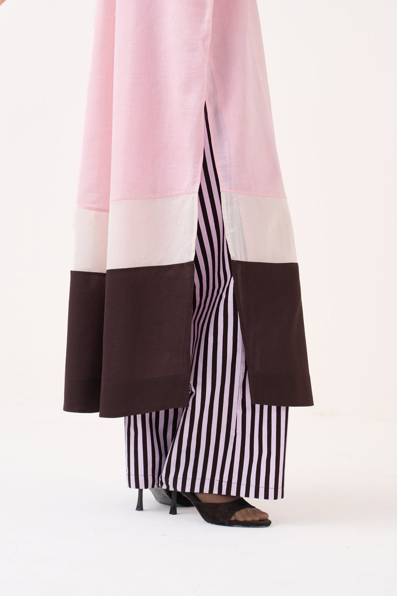 Panel Gather Neck Shirt Co-Ord-Cocoa Brown & Petal Pink chanderi  co-ord set by THREE in pink for women in Singapore