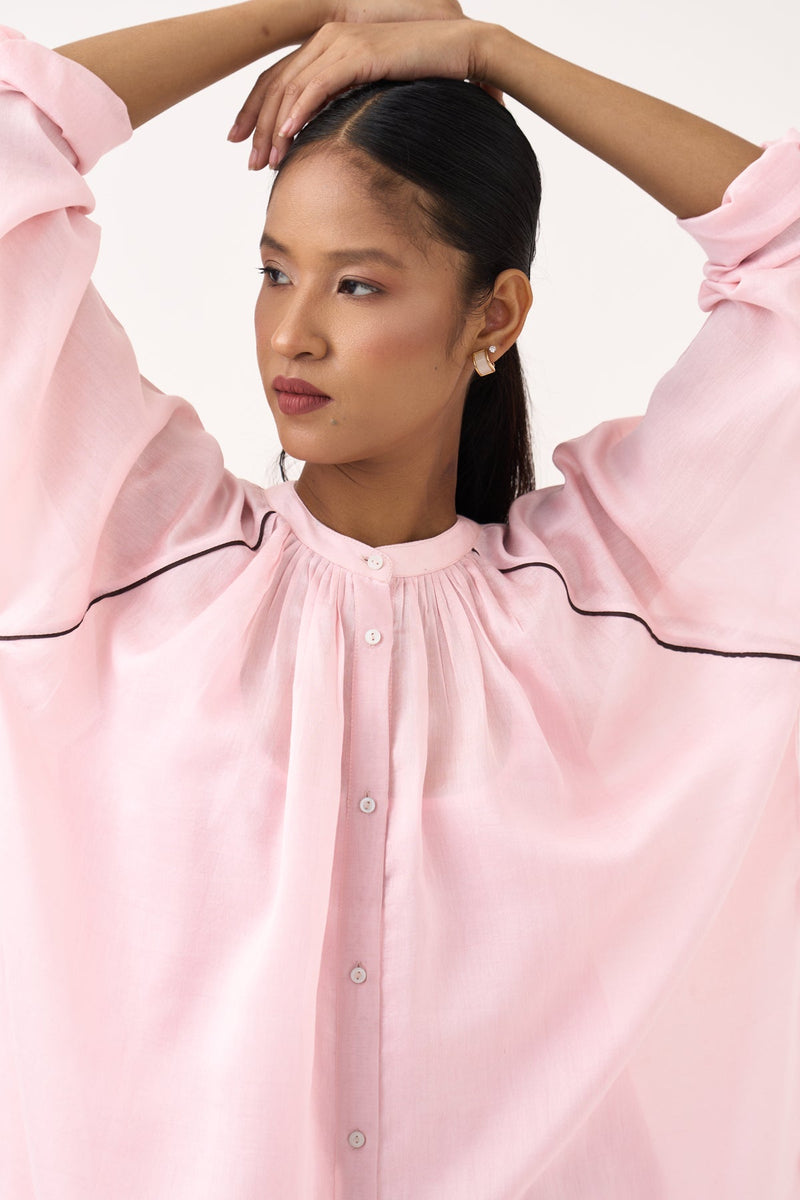 Panel Gather Neck Shirt Co-Ord-Cocoa Brown & Petal Pink chanderi  co-ord set by THREE in pink for women in Singapore