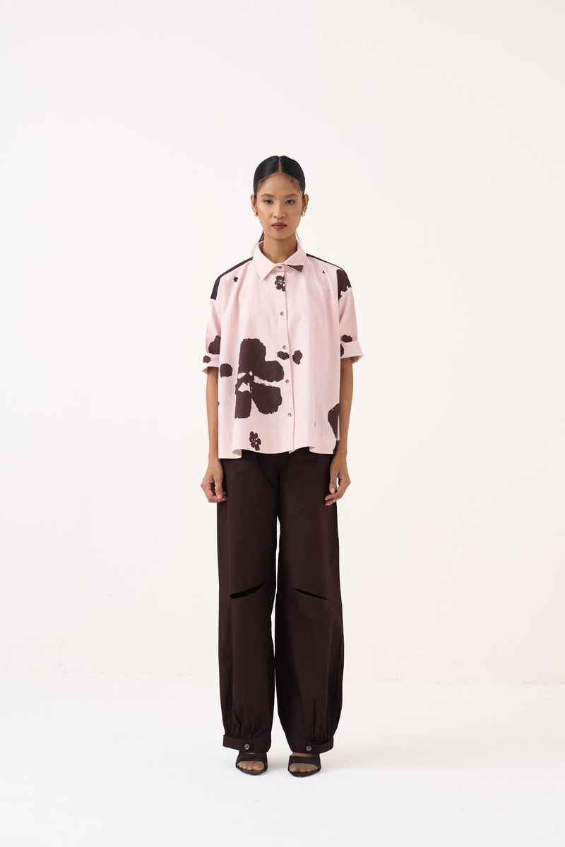 Floral Wide Hem Shirt Co-Ord-Petal Pink Floral & Cocoa Brown crushed cotton co-ord set by THREE in pink for women in Singapore
