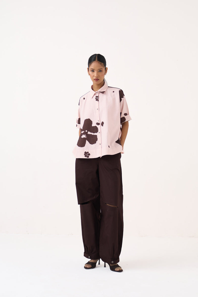 Floral Wide Hem Shirt Co-Ord-Petal Pink Floral & Cocoa Brown crushed cotton co-ord set by THREE in pink for women in Singapore