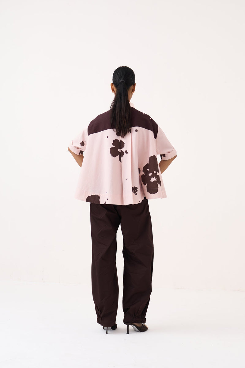 Floral Wide Hem Shirt-Petal Pink Floral   crushed cotton tunics/kaftan by THREE in pink for women in Singapore