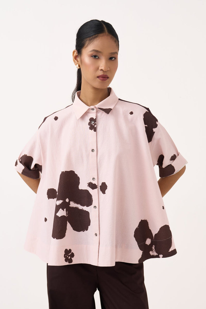 Floral Wide Hem Shirt Co-Ord-Petal Pink Floral & Cocoa Brown crushed cotton co-ord set by THREE in pink for women in Singapore