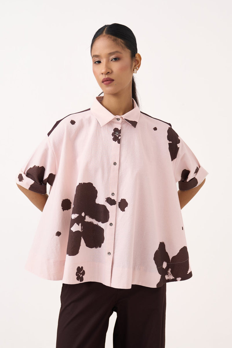 Floral Wide Hem Shirt-Petal Pink Floral   crushed cotton tunics/kaftan by THREE in pink for women in Singapore