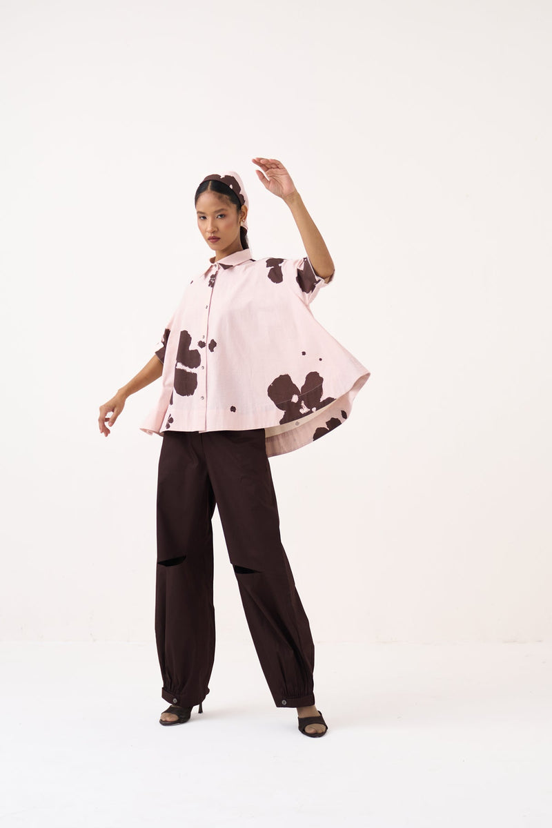 Floral Wide Hem Shirt Co-Ord-Petal Pink Floral & Cocoa Brown crushed cotton co-ord set by THREE in pink for women in Singapore
