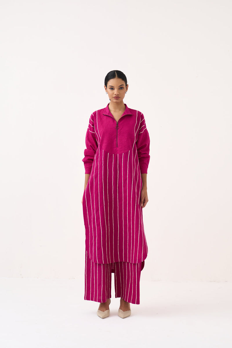 U-Yoke Emb. Tunic Co-Ord (Set Of 2)-Bright Berry handwoven cotton co-ord set by THREE in pink for women in Singapore
