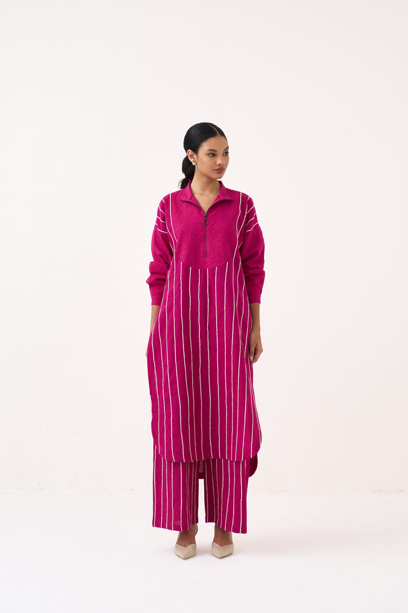 U-Yoke Emb. Tunic-Bright Berry handwoven cotton tunics/kaftan by THREE in pink for women in Singapore
