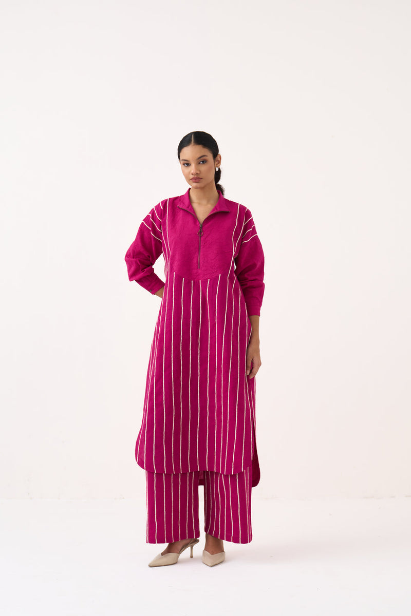 U-Yoke Emb. Tunic-Bright Berry handwoven cotton tunics/kaftan by THREE in pink for women in Singapore