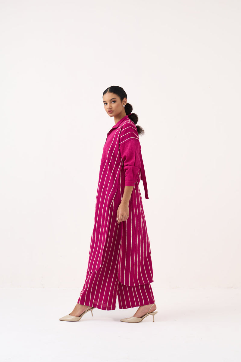 U-Yoke Emb. Tunic Co-Ord (Set Of 2)-Bright Berry handwoven cotton co-ord set by THREE in pink for women in Singapore