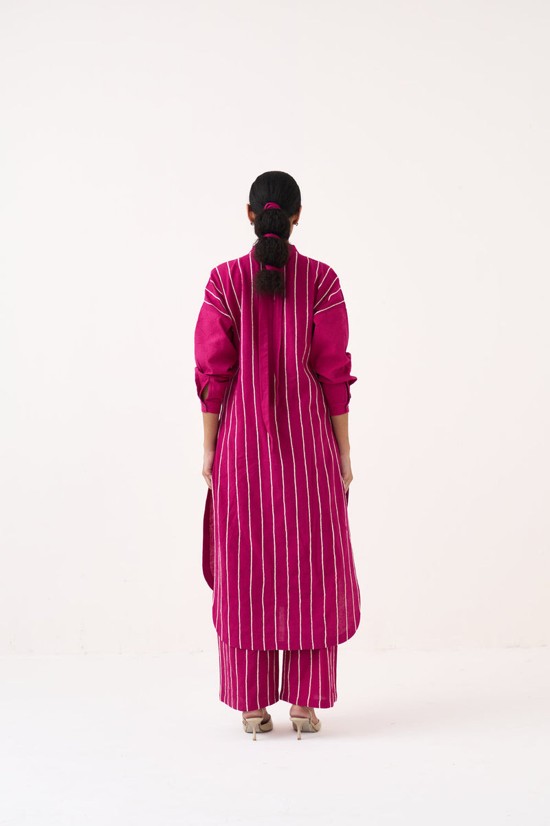 U-Yoke Emb. Tunic Co-Ord (Set Of 2)-Bright Berry handwoven cotton co-ord set by THREE in pink for women in Singapore