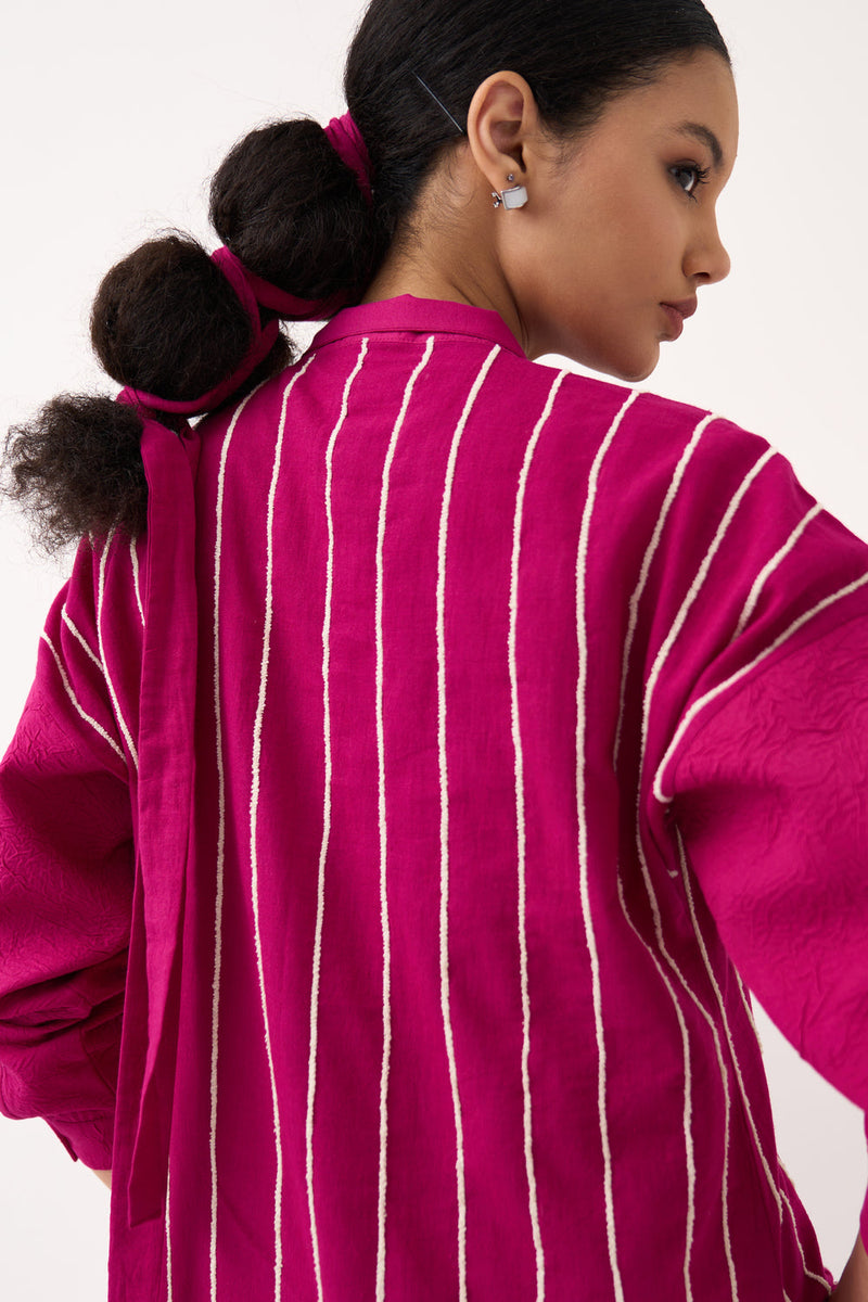 U-Yoke Emb. Tunic Co-Ord (Set Of 2)-Bright Berry handwoven cotton co-ord set by THREE in pink for women in Singapore