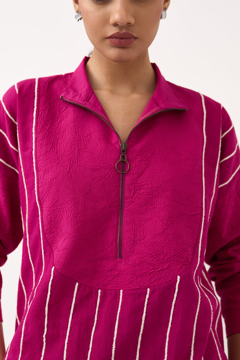 U-Yoke Emb. Tunic-Bright Berry handwoven cotton tunics/kaftan by THREE in pink for women in Singapore