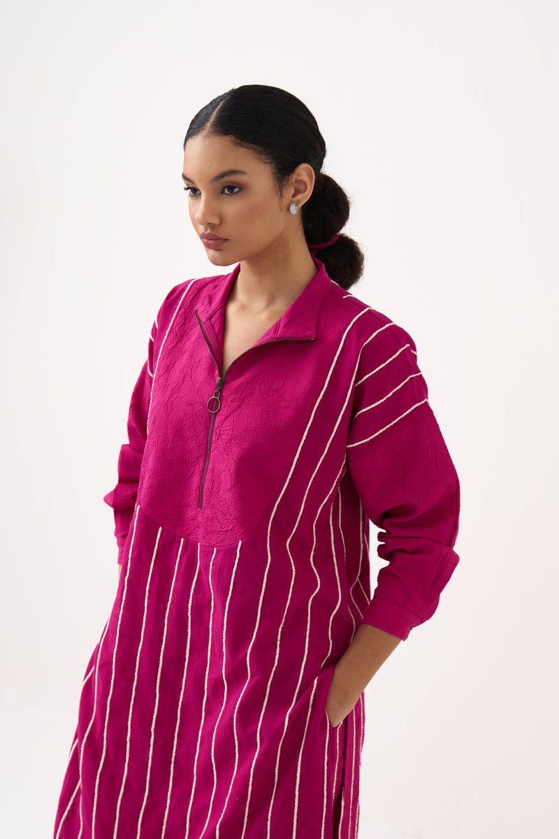 U-Yoke Emb. Tunic-Bright Berry handwoven cotton tunics/kaftan by THREE in pink for women in Singapore