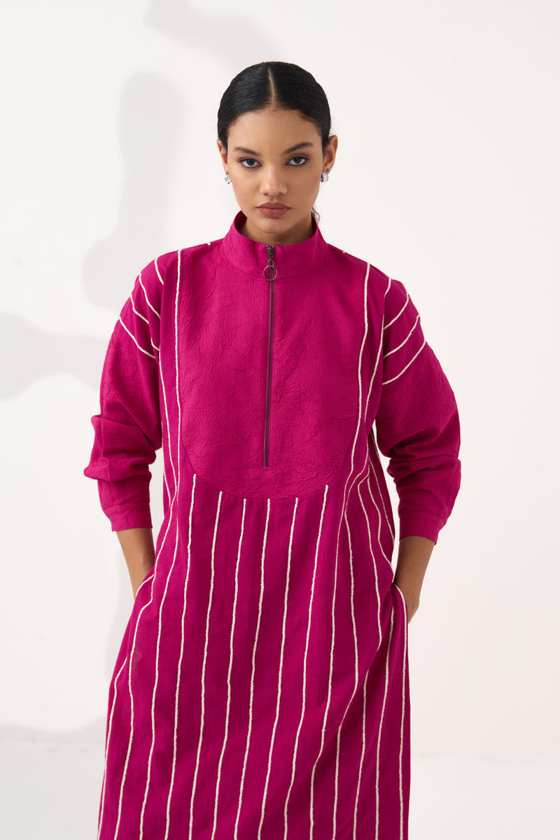 U-Yoke Emb. Tunic Co-Ord (Set Of 2)-Bright Berry handwoven cotton co-ord set by THREE in pink for women in Singapore