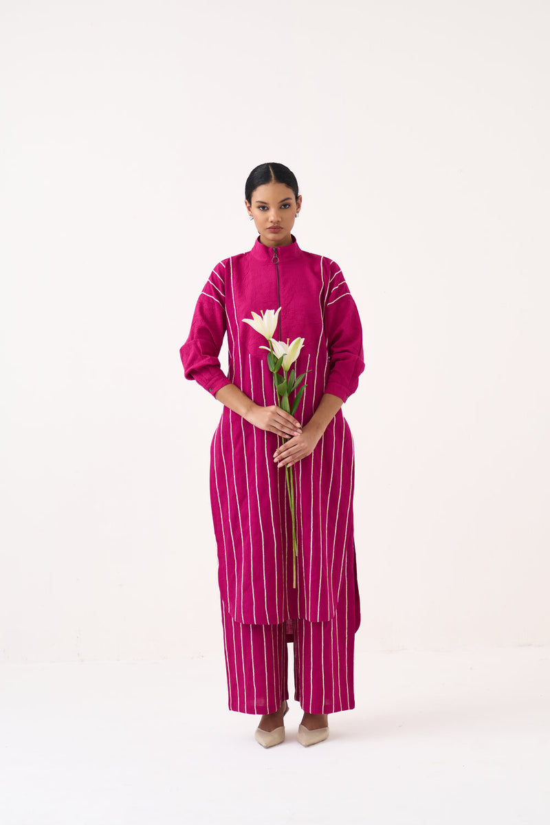 U-Yoke Emb. Tunic-Bright Berry handwoven cotton tunics/kaftan by THREE in pink for women in Singapore
