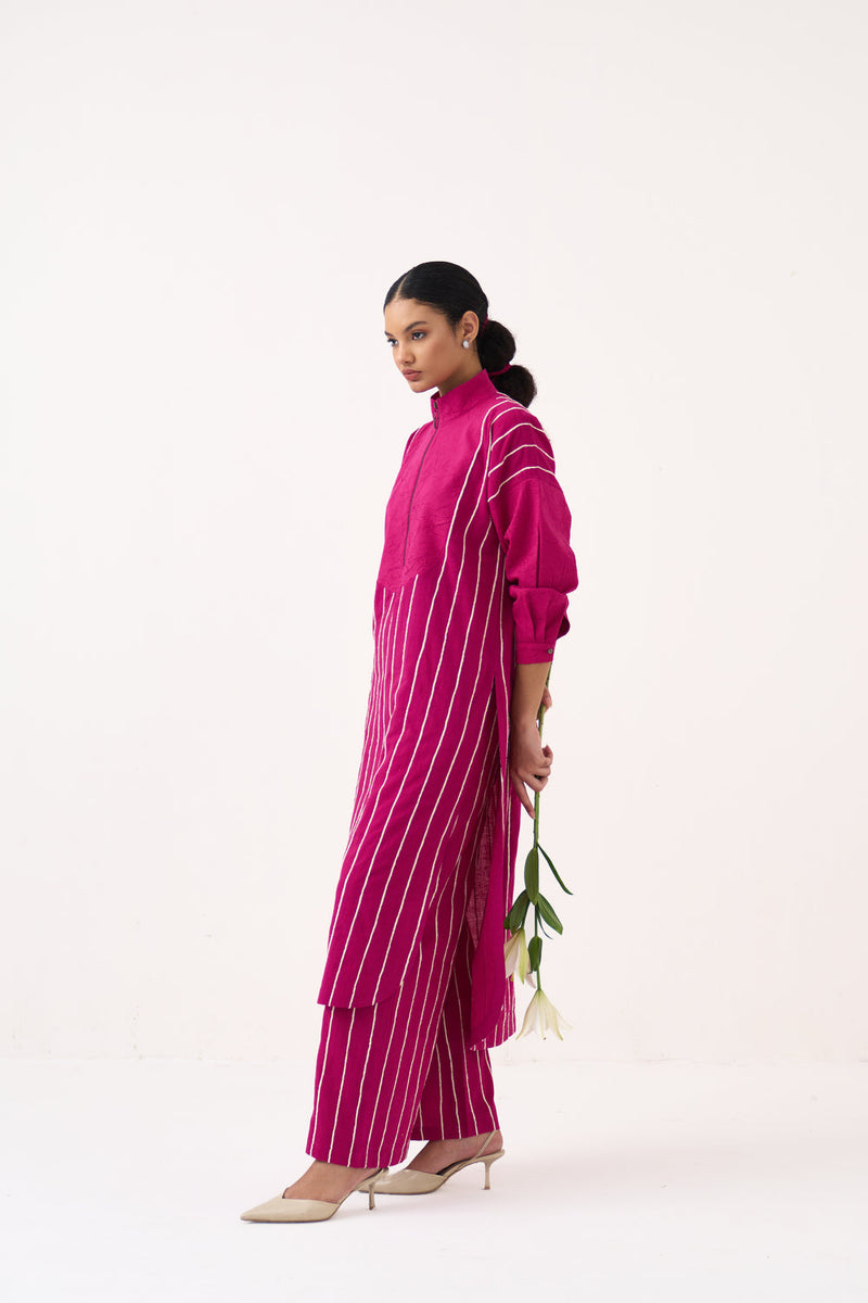 U-Yoke Emb. Tunic Co-Ord (Set Of 2)-Bright Berry handwoven cotton co-ord set by THREE in pink for women in Singapore