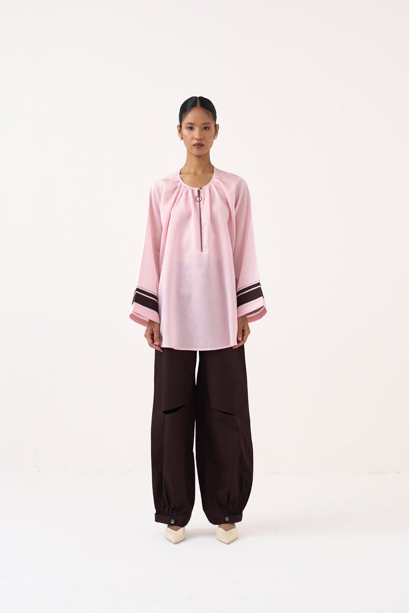 Diagonal Slit Bottom- Cocoa Brown 100% cotton poplin pant/trouser by THREE in dark brown for women in Singapore