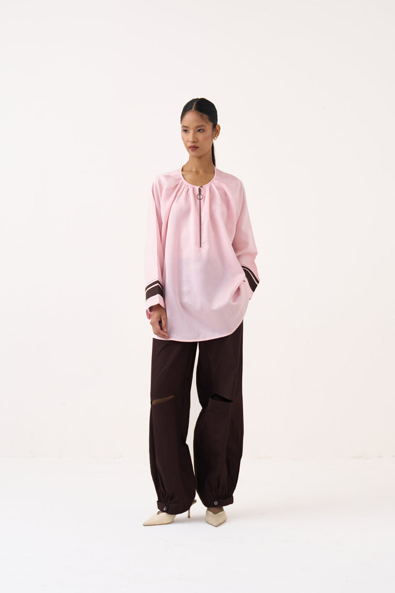 Wide Sleeve Gather Neck Top-Petal Pink  chanderi top/shirt by THREE in pink for women in Singapore
