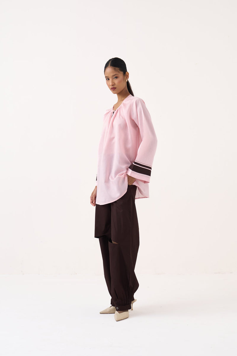 Wide Sleeve Gather Neck Top Co-Ord (Included Slip)-Petal Pink & Cocoa Brown chanderi  co-ord set by THREE in pink for women in Singapore
