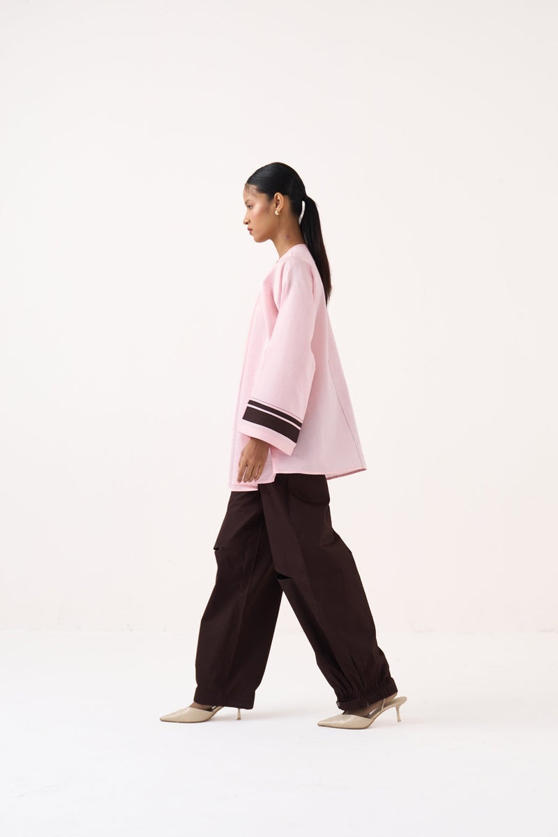 Wide Sleeve Gather Neck Top-Petal Pink  chanderi top/shirt by THREE in pink for women in Singapore