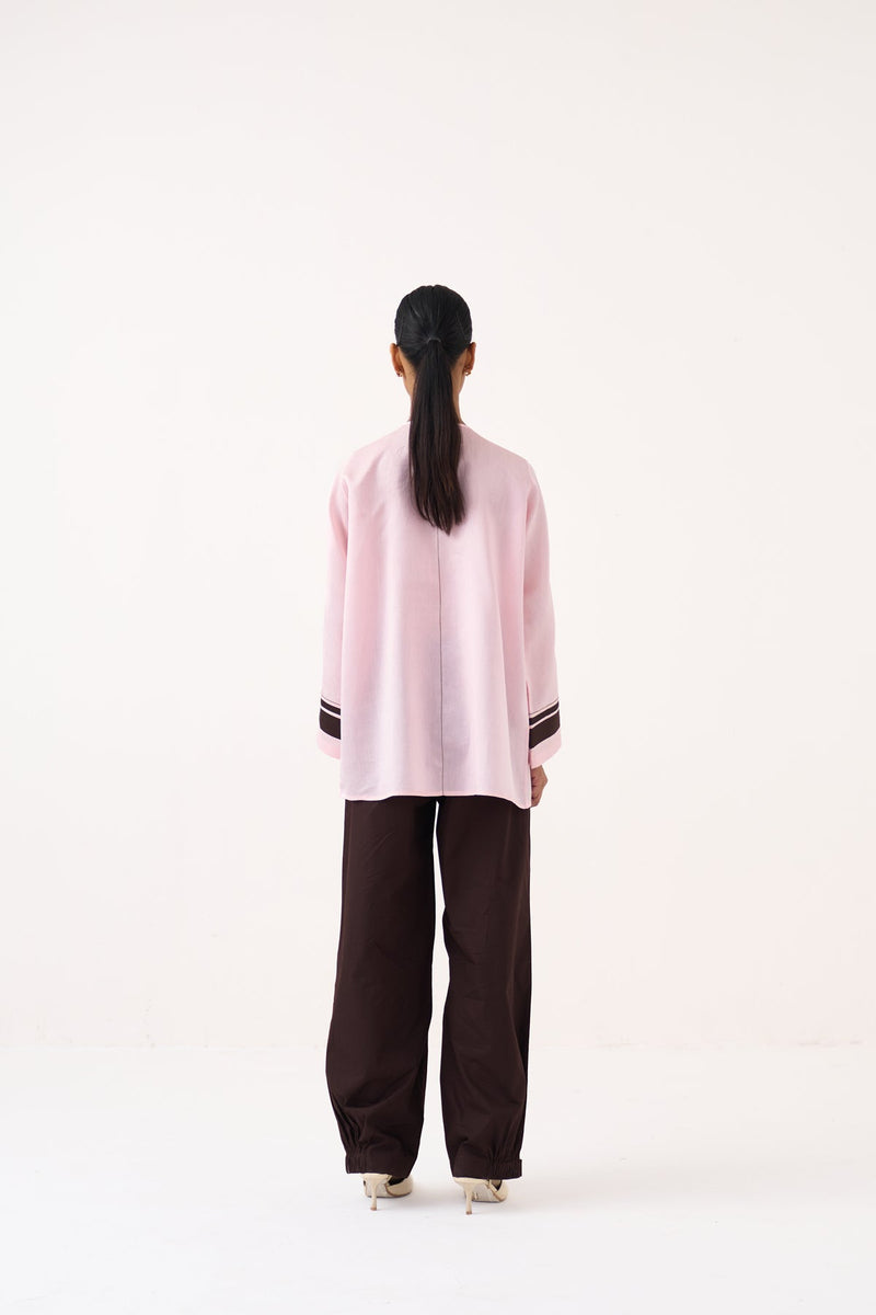 Wide Sleeve Gather Neck Top-Petal Pink  chanderi top/shirt by THREE in pink for women in Singapore