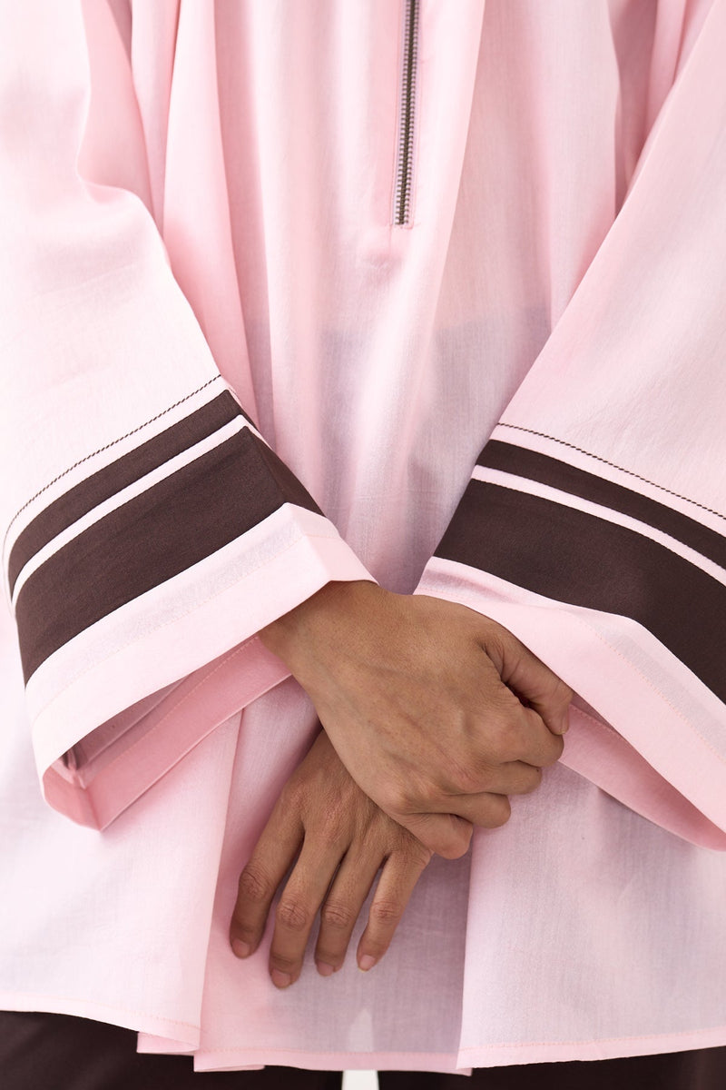 Wide Sleeve Gather Neck Top Co-Ord (Included Slip)-Petal Pink & Cocoa Brown chanderi  co-ord set by THREE in pink for women in Singapore