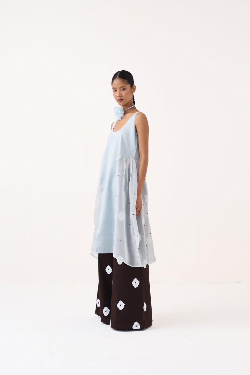 Side U-Gather Tunic Co-Ord-Ice Blue & Cocoa Brown chanderi/organza co-ord set by THREE in ice blue for women in Singapore