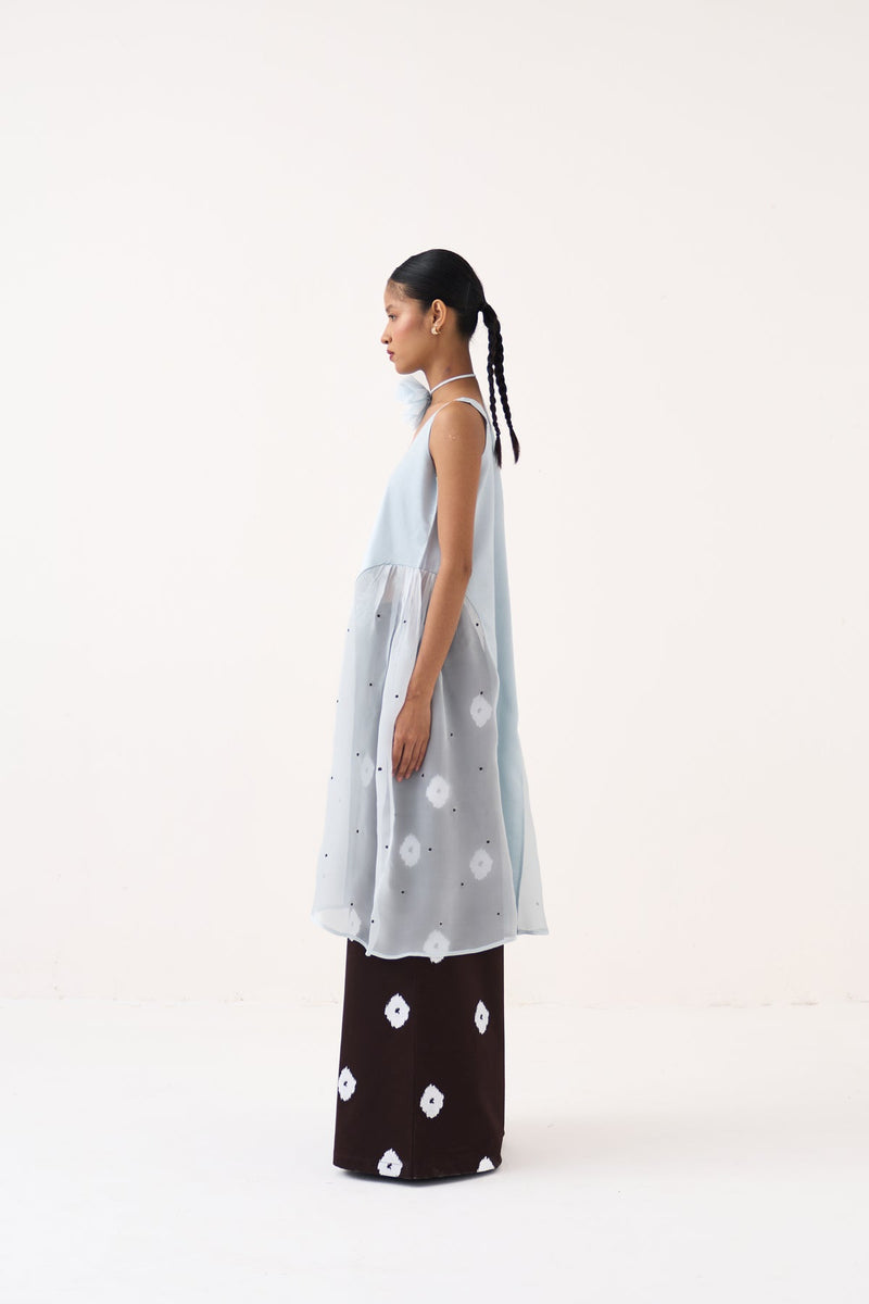 Side U-Gather Tunic Co-Ord-Ice Blue & Cocoa Brown chanderi/organza co-ord set by THREE in ice blue for women in Singapore