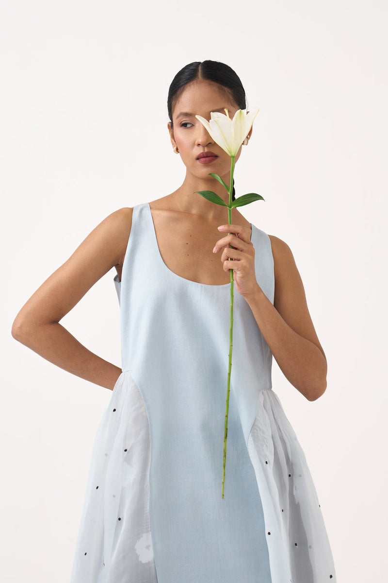 Side U-Gather Tunic-Ice Blue  chanderi/organza tunics/kaftan by THREE in ice blue for women in Singapore