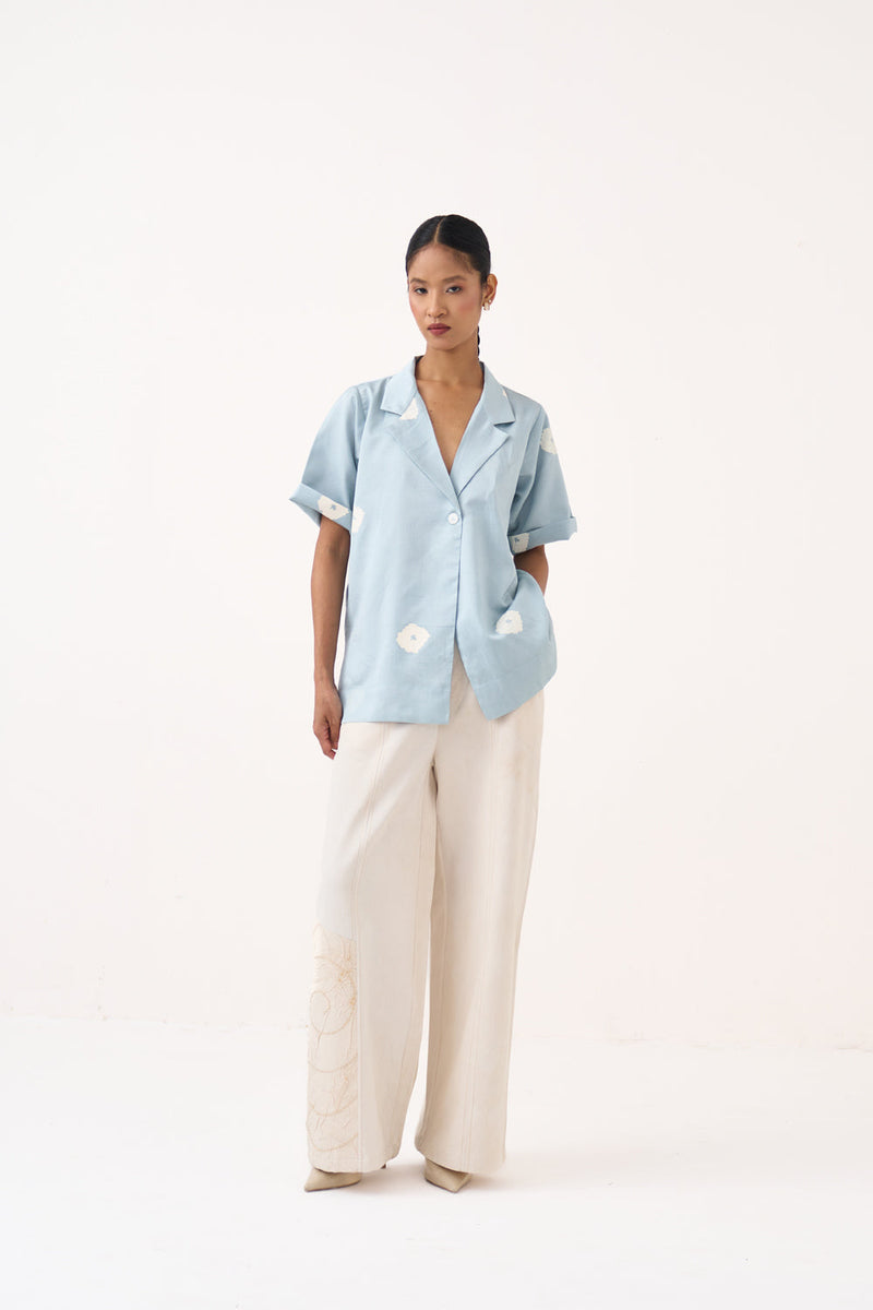 Block Print Blazer Co-Ord-Ice Blue & Ivory chanderi co-ord set by THREE in ice blue for women in Singapore