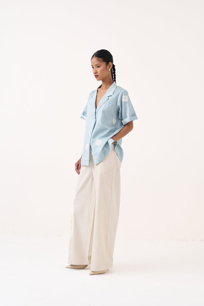 Block Print Blazer Co-Ord-Ice Blue & Ivory chanderi co-ord set by THREE in ice blue for women in Singapore