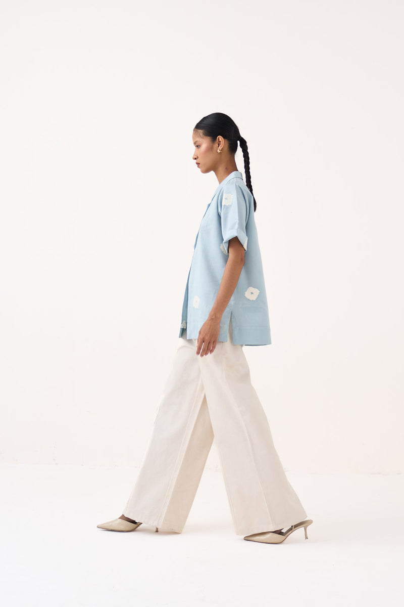 Block Print Blazer-Ice Blue  chanderi jacket/overlay by THREE in ice blue for women in Singapore