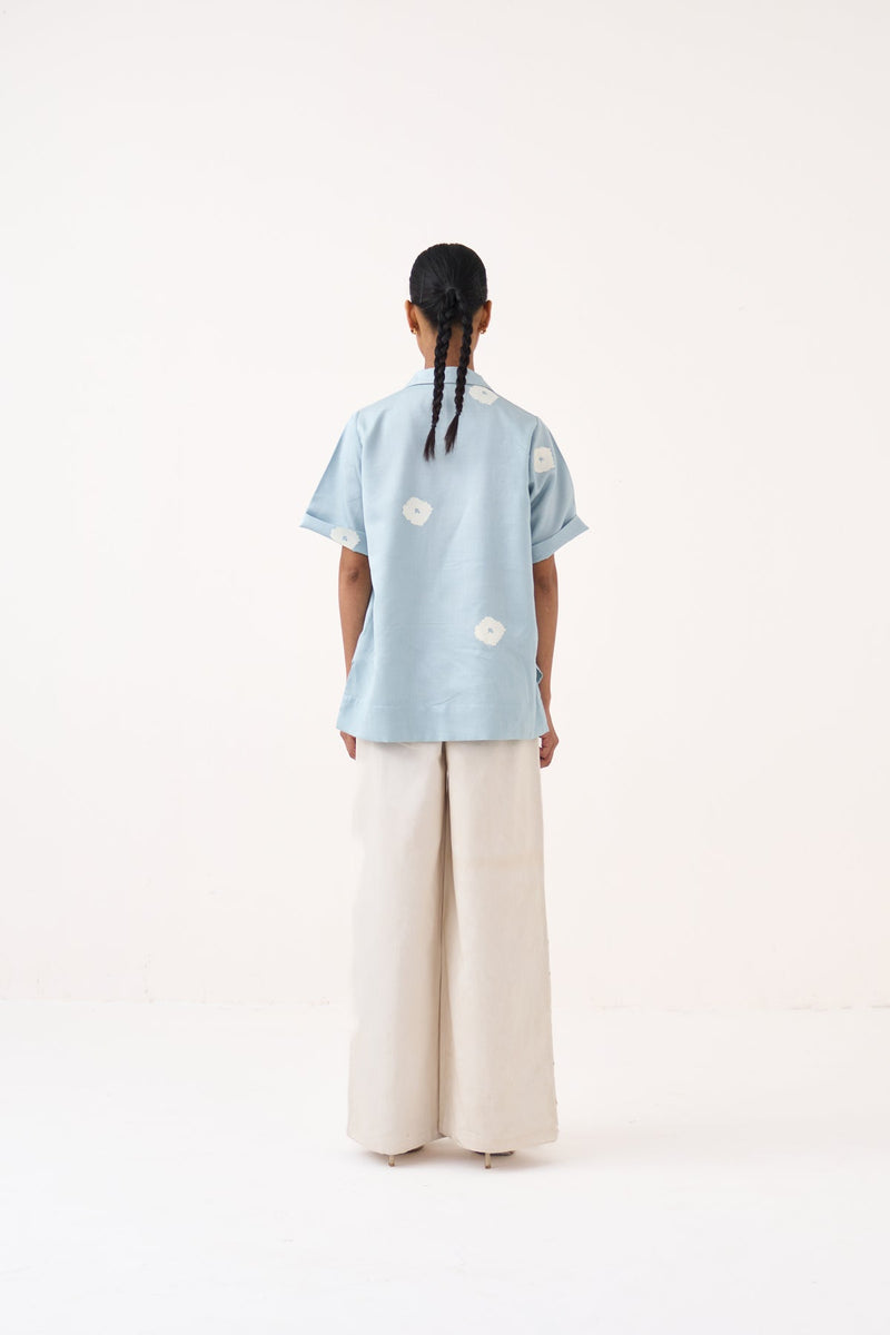Block Print Blazer Co-Ord-Ice Blue & Ivory chanderi co-ord set by THREE in ice blue for women in Singapore