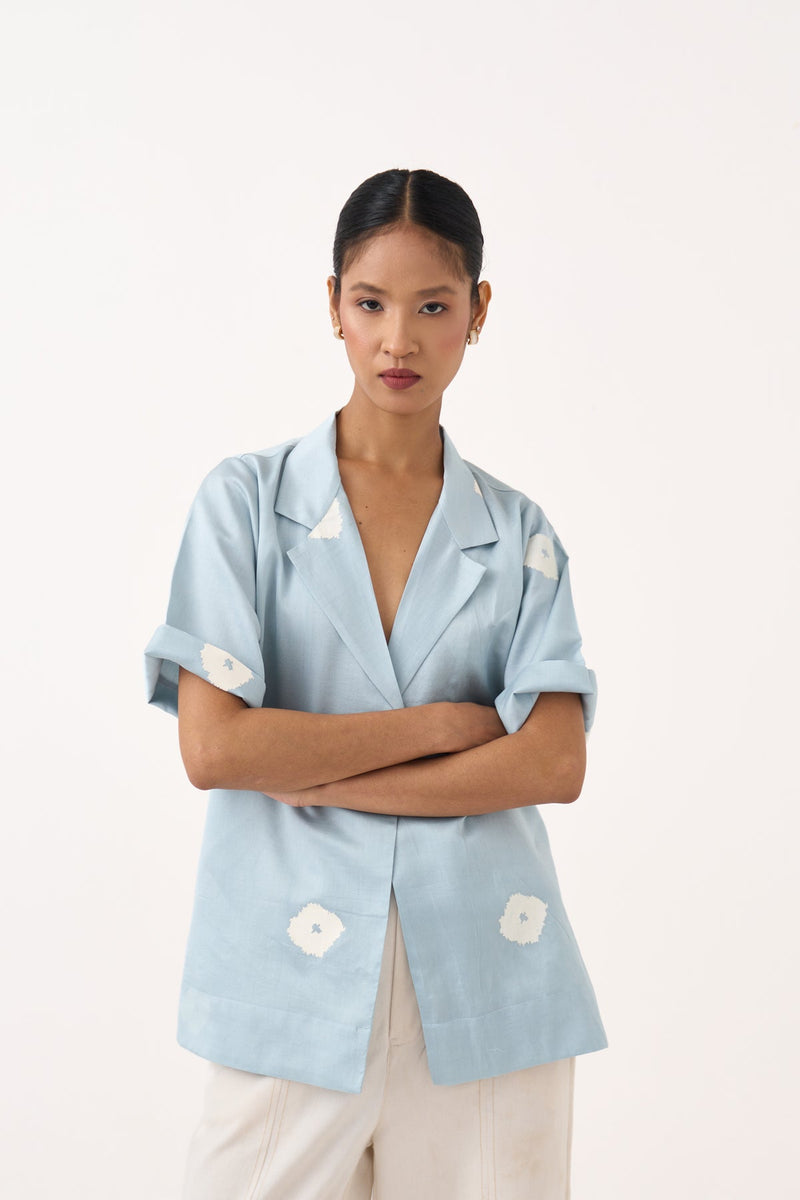 Block Print Blazer Co-Ord-Ice Blue & Ivory chanderi co-ord set by THREE in ice blue for women in Singapore