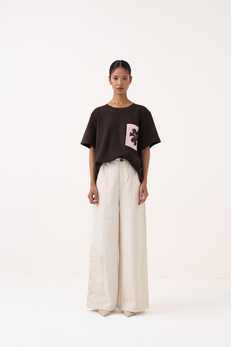 Ripple Emb. Bottom-Ivory cotton twill pant/trouser by THREE in Ivory for women in Singapore