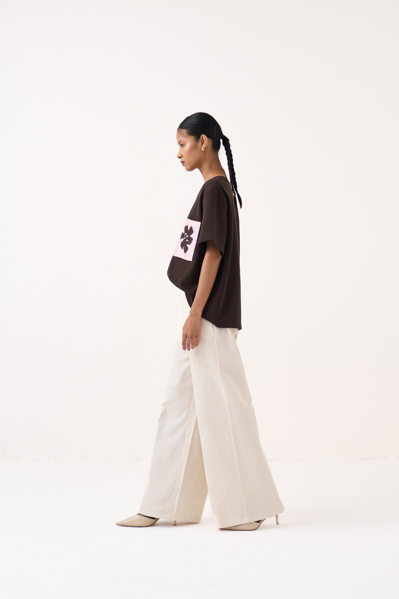 Emb. Patch Pocket T-Shirt Co-Ord-Cocoa Brown & Ivory cotton jersey co-ord set by THREE in dark brown for women in Singapore