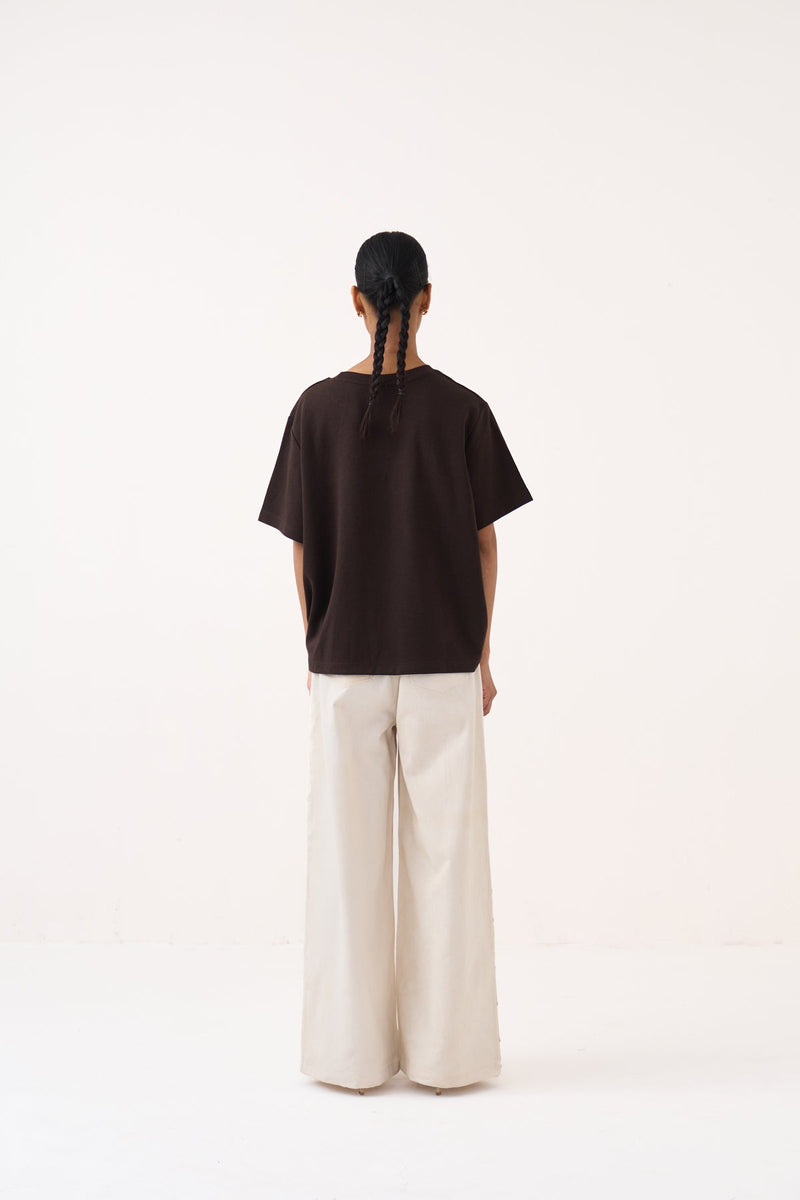 Emb. Patch Pocket T-Shirt Co-Ord-Cocoa Brown & Ivory cotton jersey co-ord set by THREE in dark brown for women in Singapore