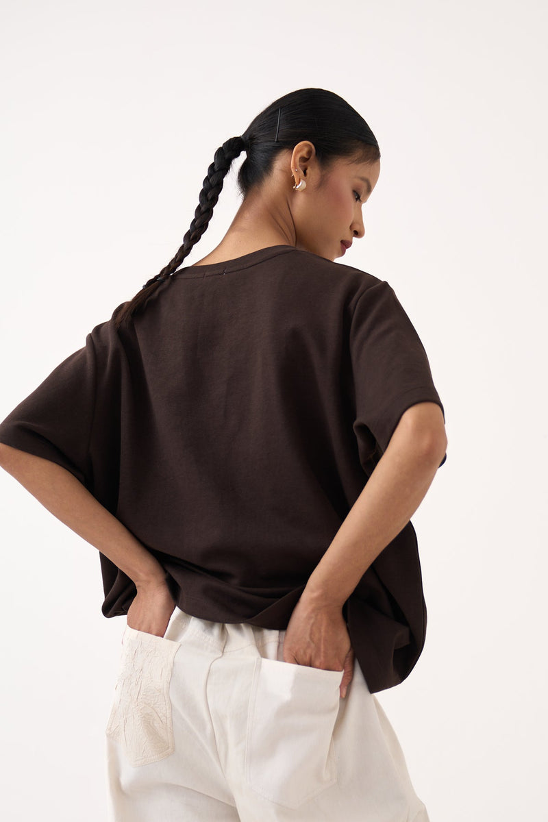 Emb. Patch Pocket T-Shirt-T-Cocoa Brown  cotton jersey top/shirt by THREE in dark brown for women in Singapore