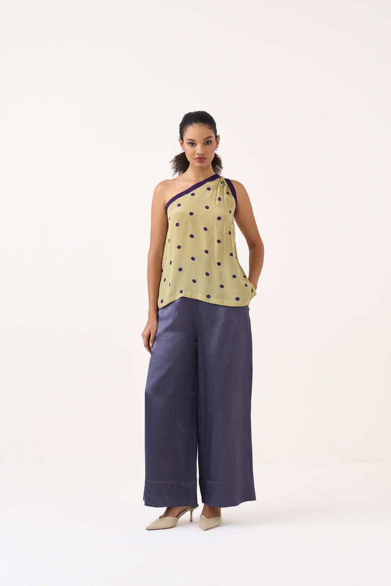 One Shoulder Top-Ash Violet Polka/Soft Moss  silk crepe top/shirt by THREE in soft moss for women in Singapore