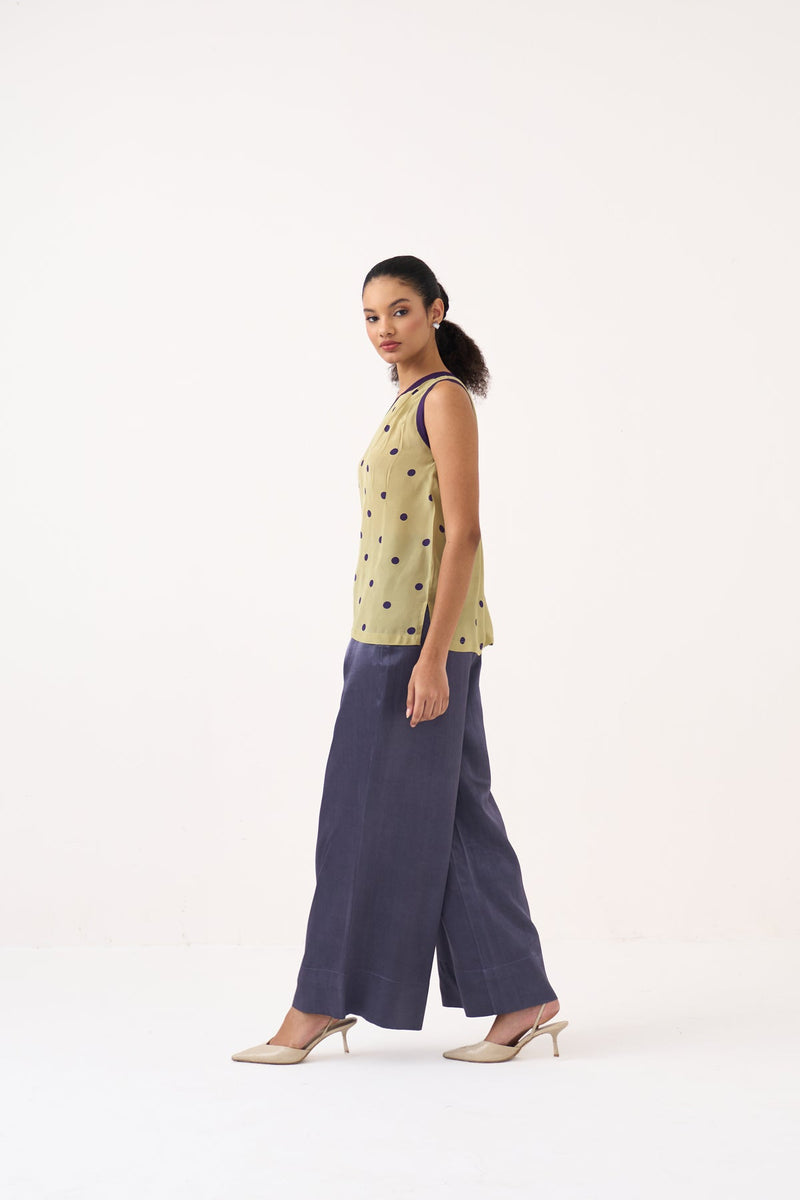 One Shoulder Top Co-Ord-Ash Violet Polka/Soft Moss  silk crepe co-ord set by THREE in soft moss for women in Singapore