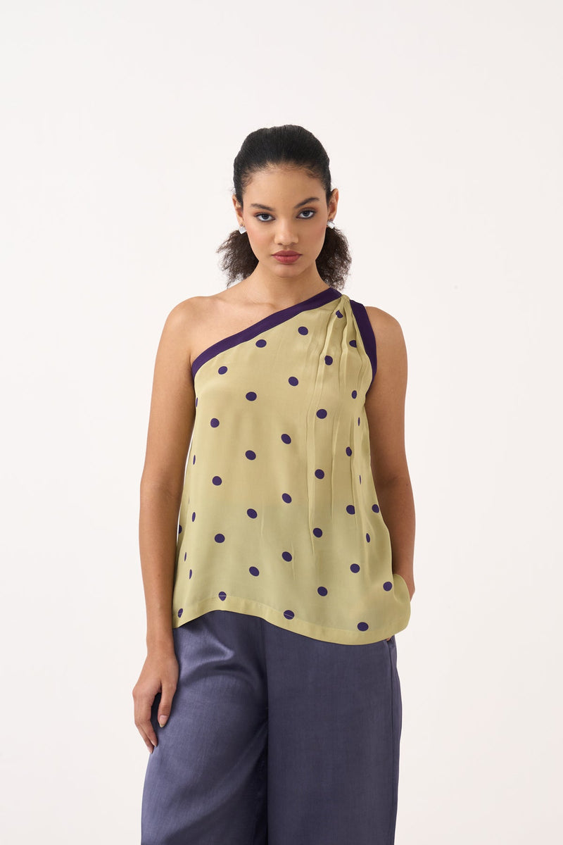 One Shoulder Top Co-Ord-Ash Violet Polka/Soft Moss  silk crepe co-ord set by THREE in soft moss for women in Singapore