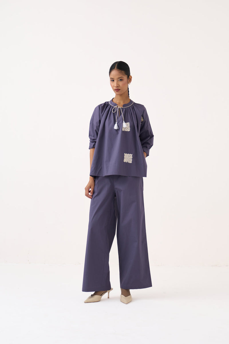 Wave Emb. Top-Ash Violet poplin top/shirt by THREE in violet for women in Singapore
